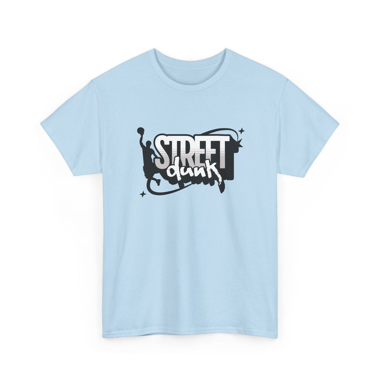 Trancegaze Street Dunk Basketball Tee in Light Blue. Urban streetwear graphic t-shirt featuring a stylized basketball player silhouette dunking next to bold graffiti-style text on a crisp white background.