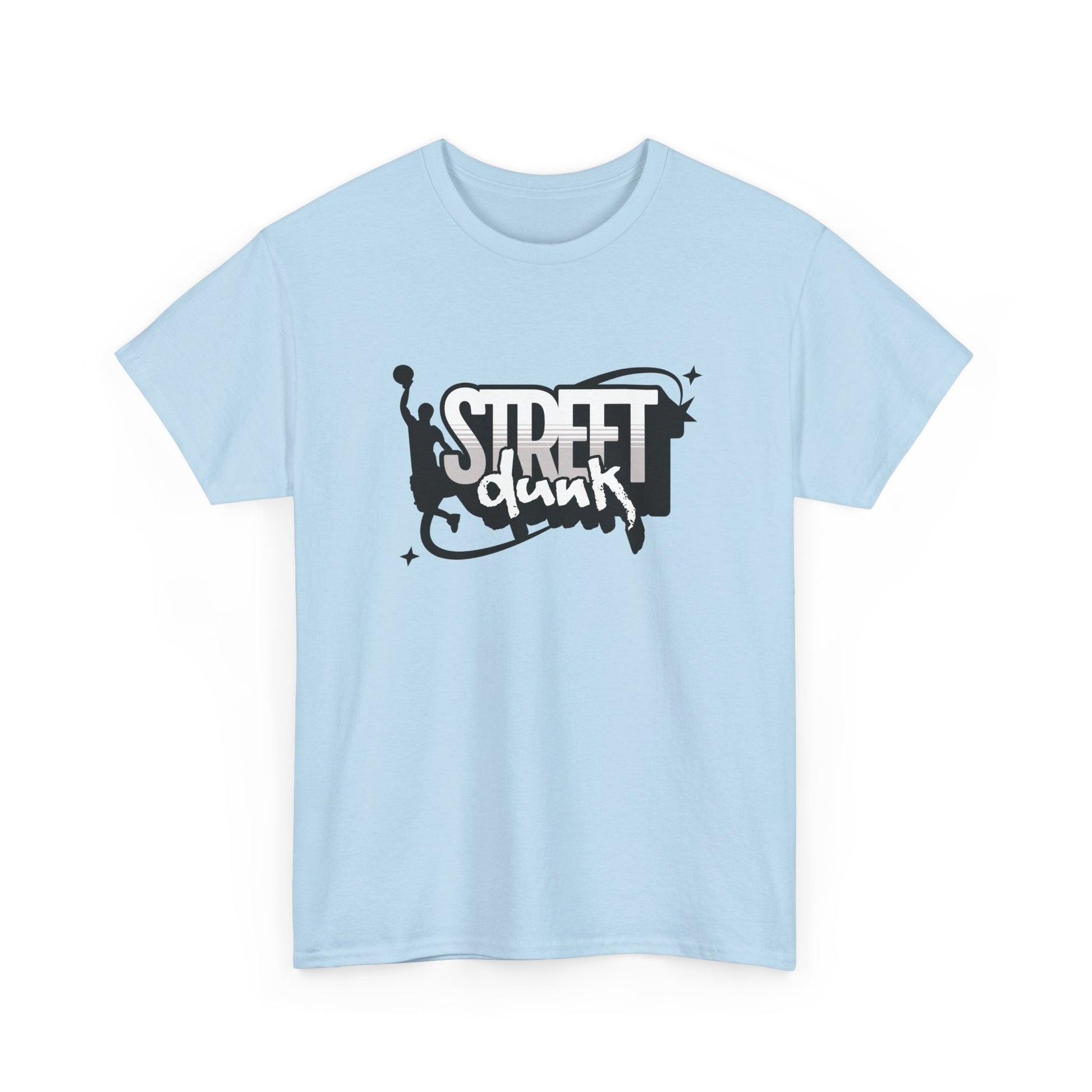 Trancegaze Street Dunk Basketball Tee in Light Blue. Urban streetwear graphic t-shirt featuring a stylized basketball player silhouette dunking next to bold graffiti-style text on a crisp white background.