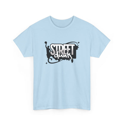 Trancegaze Street Dunk Basketball Tee in Light Blue. Urban streetwear graphic t-shirt featuring a stylized basketball player silhouette dunking next to bold graffiti-style text on a crisp white background.