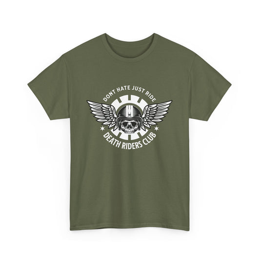 A khaki green t-shirt with a skull with wings logo, and the text 'Death Riders Club' printed on the front.