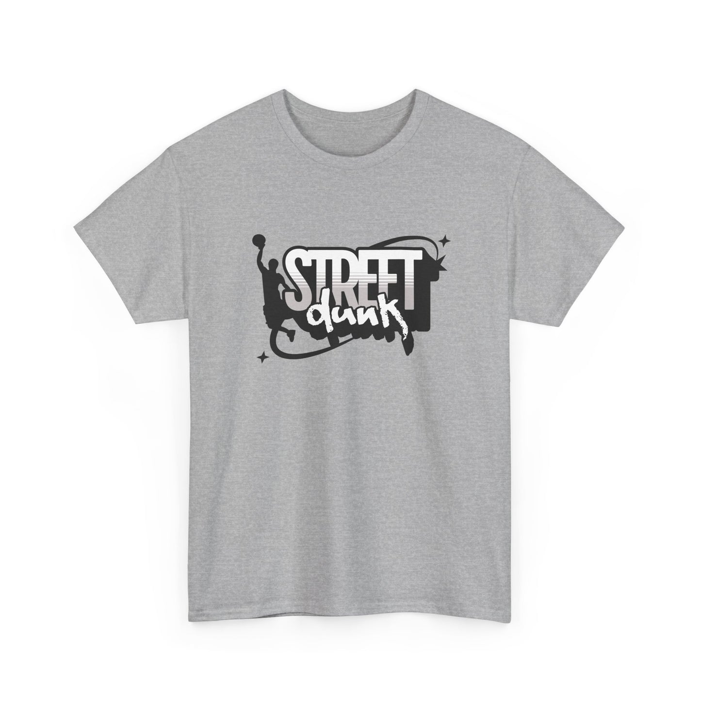 Trancegaze Street Dunk Basketball Tee in sport grey. Urban streetwear graphic t-shirt featuring a stylized basketball player silhouette dunking next to bold graffiti-style text on a crisp white background.
