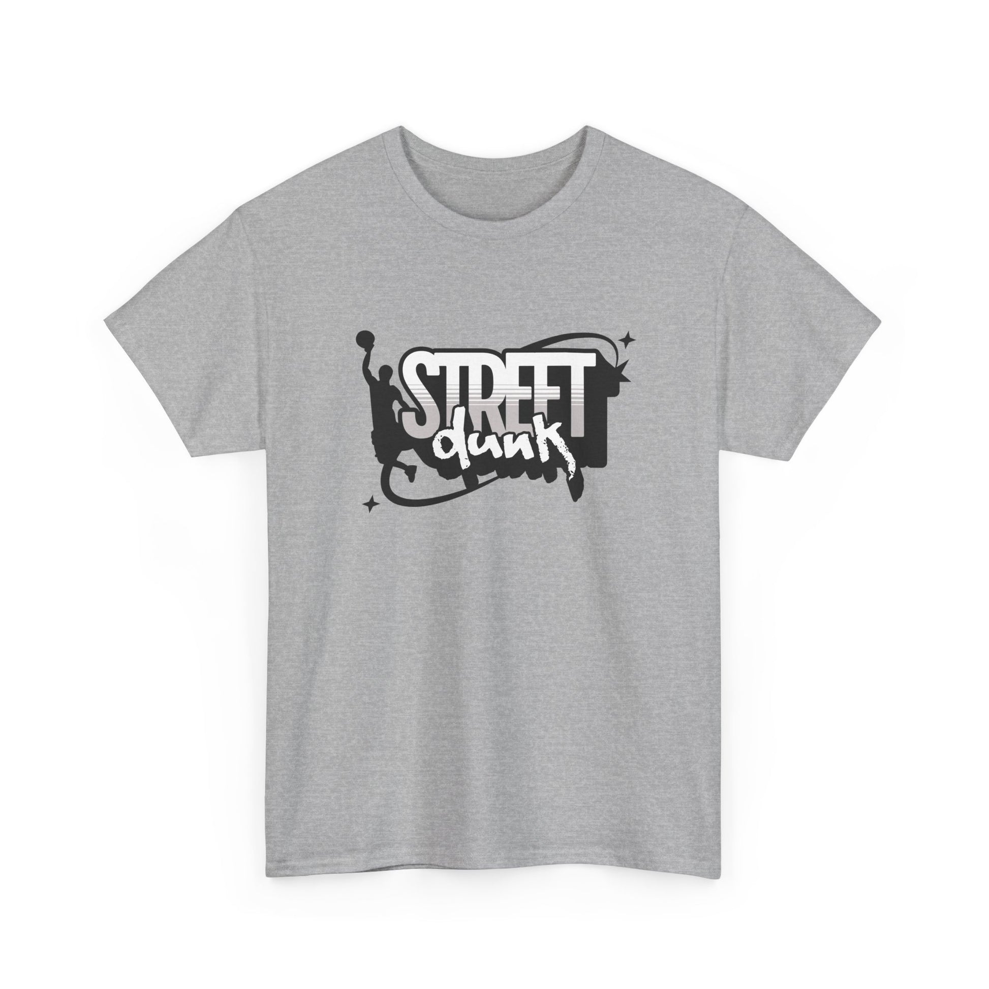 Trancegaze Street Dunk Basketball Tee in sport grey. Urban streetwear graphic t-shirt featuring a stylized basketball player silhouette dunking next to bold graffiti-style text on a crisp white background.