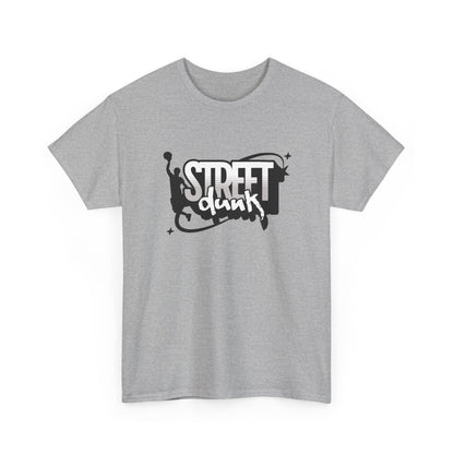Trancegaze Street Dunk Basketball Tee in sport grey. Urban streetwear graphic t-shirt featuring a stylized basketball player silhouette dunking next to bold graffiti-style text on a crisp white background.