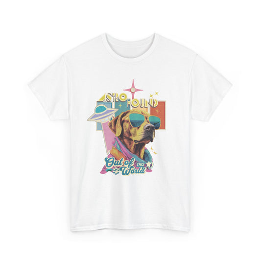 White t-shirt with a retro Astro Hound yellow lab graphic wearing sunglasses, featuring UFO and "Out of This World" text.