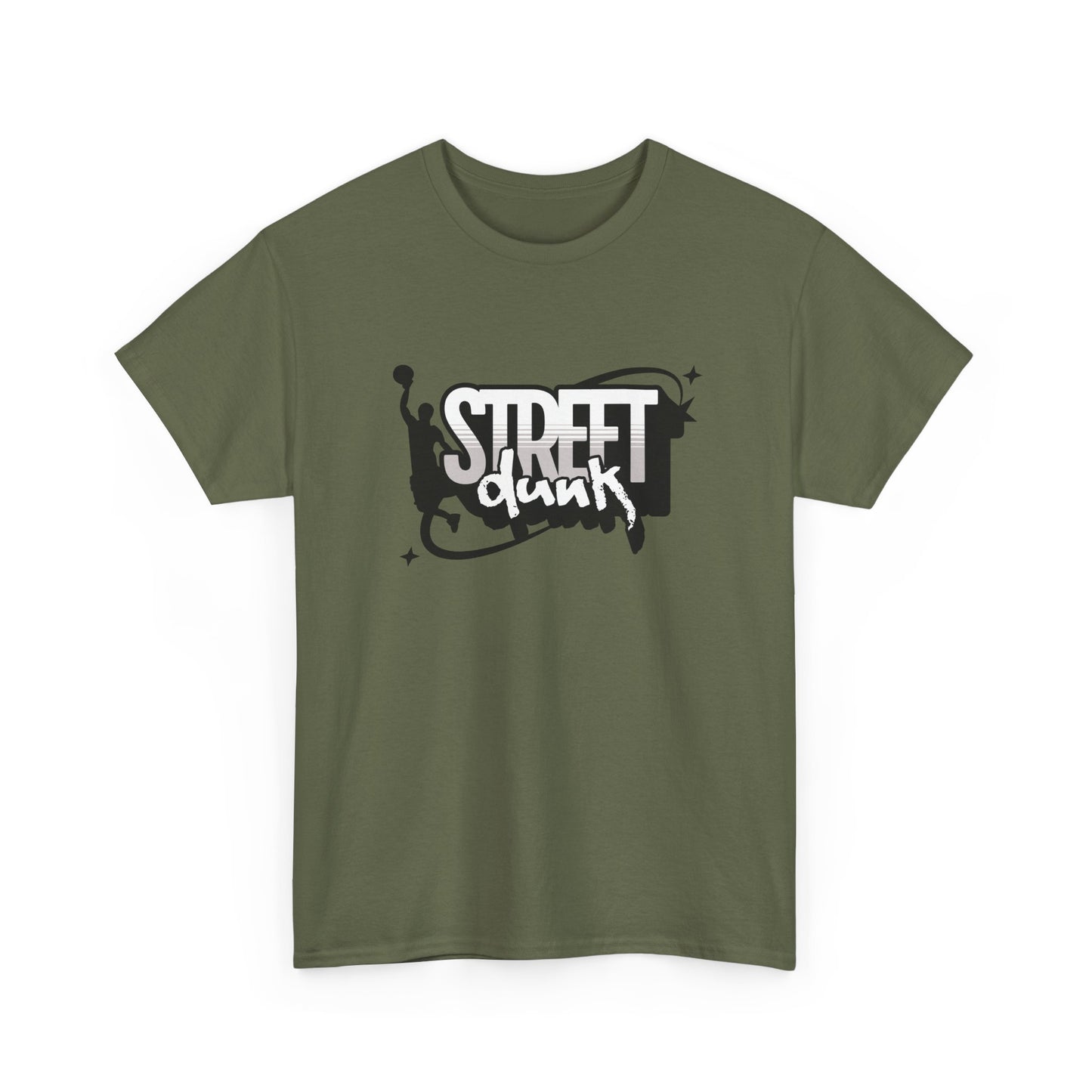 Trancegaze Street Dunk Basketball Tee in Military Green. Urban streetwear graphic t-shirt featuring a stylized basketball player silhouette dunking next to bold graffiti-style text on a crisp white background.