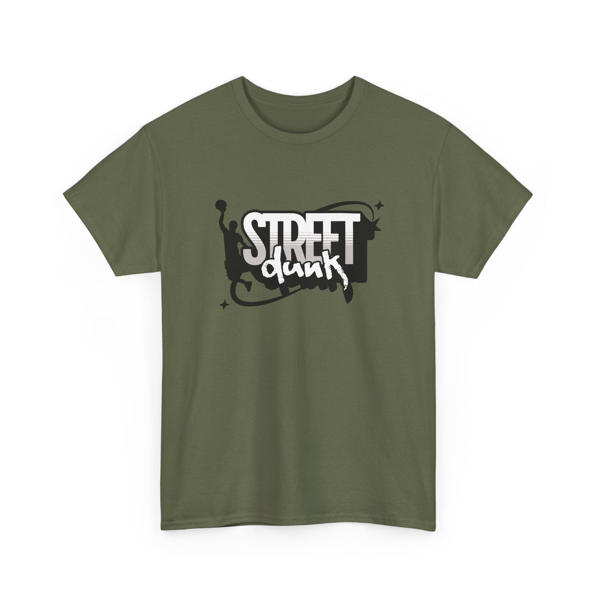 Trancegaze Street Dunk Basketball Tee in Military Green. Urban streetwear graphic t-shirt featuring a stylized basketball player silhouette dunking next to bold graffiti-style text on a crisp white background.