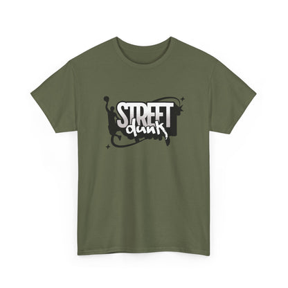 Trancegaze Street Dunk Basketball Tee in Military Green. Urban streetwear graphic t-shirt featuring a stylized basketball player silhouette dunking next to bold graffiti-style text on a crisp white background.