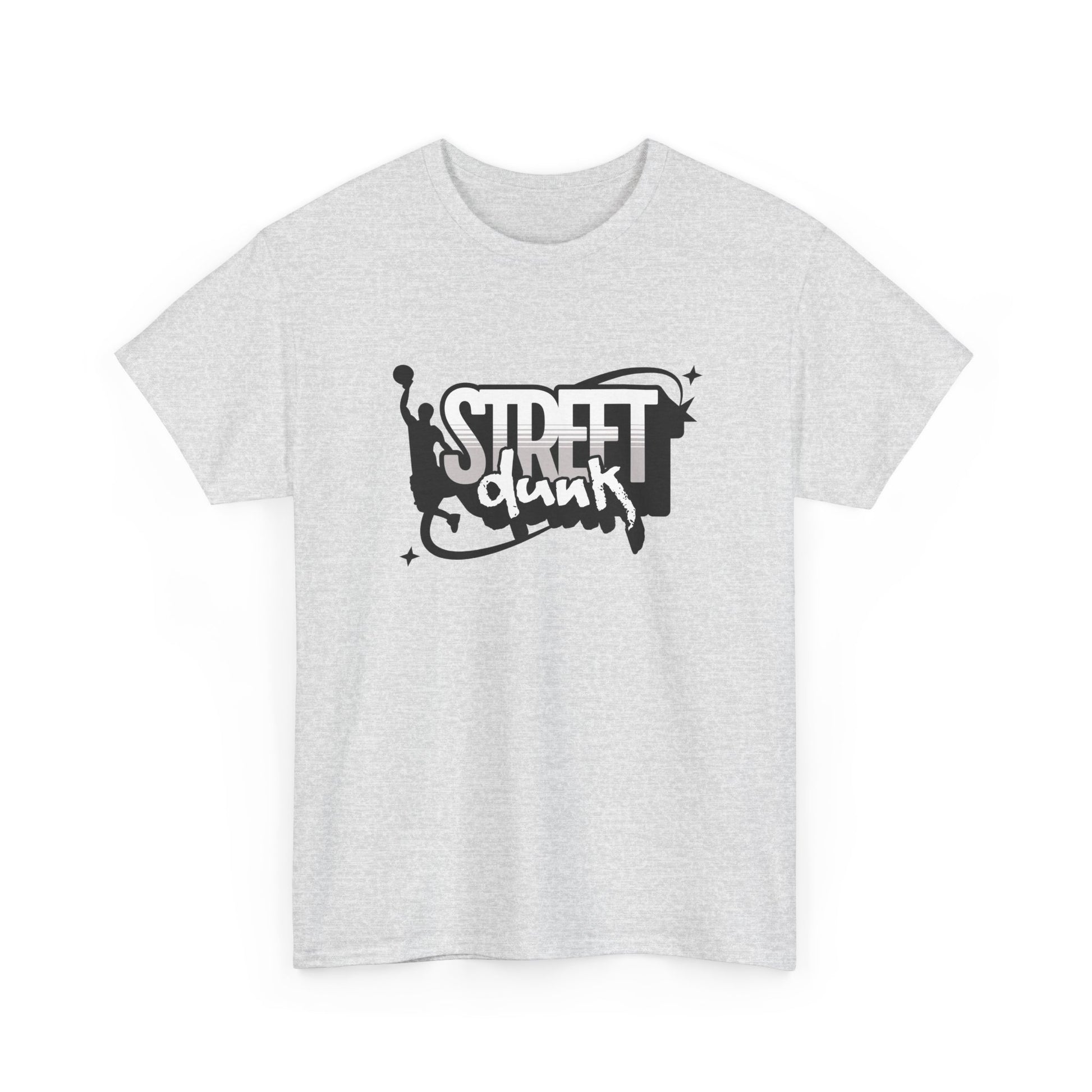 Trancegaze Street Dunk Basketball Tee in Ash Gray. Urban streetwear graphic t-shirt featuring a stylized basketball player silhouette dunking next to bold graffiti-style text on a crisp white background.