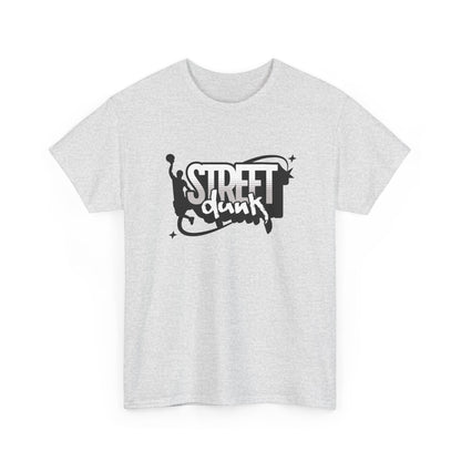 Trancegaze Street Dunk Basketball Tee in Ash Gray. Urban streetwear graphic t-shirt featuring a stylized basketball player silhouette dunking next to bold graffiti-style text on a crisp white background.