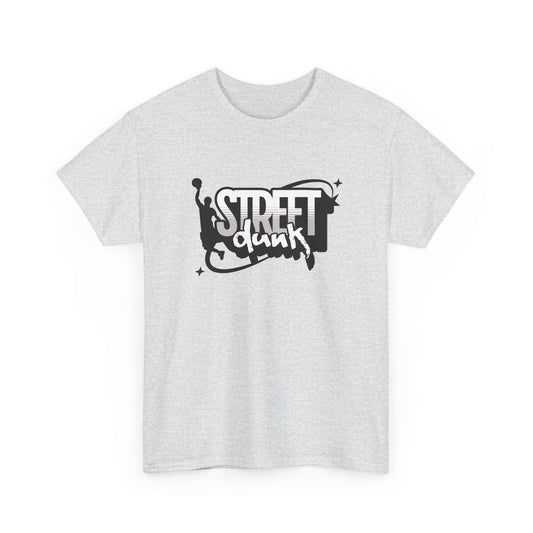 Trancegaze Street Dunk Basketball Tee in Ash Gray. Urban streetwear graphic t-shirt featuring a stylized basketball player silhouette dunking next to bold graffiti-style text on a crisp white background.