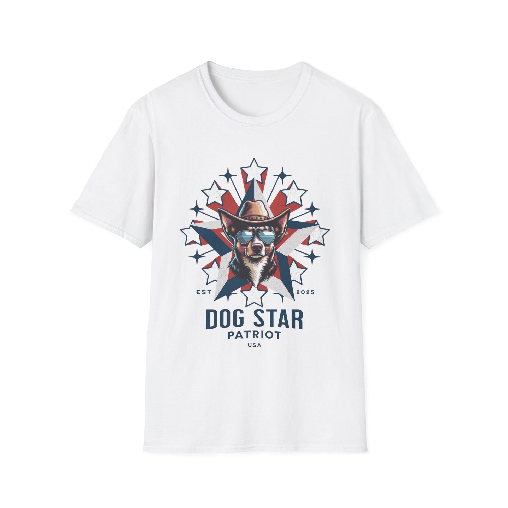 White t-shirt with 'Dog Star Patriot' graphic design on a white background