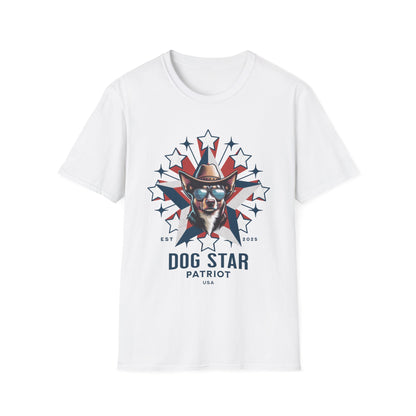 White t-shirt with 'Dog Star Patriot' graphic design on a white background