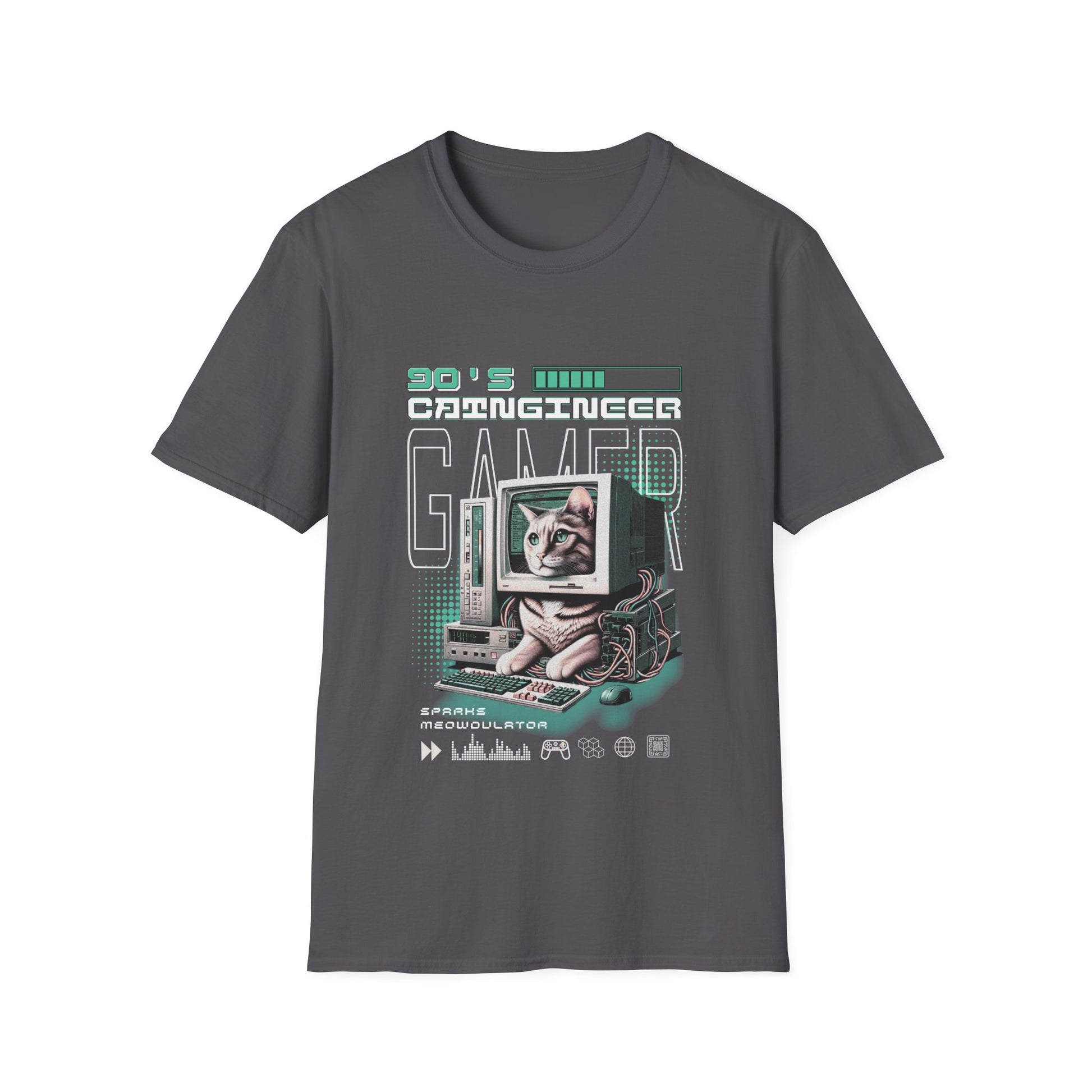 Gray t-shirt with a graphic of a cat on a computer screen and text '90s Catngineer Gamer' on a white background.