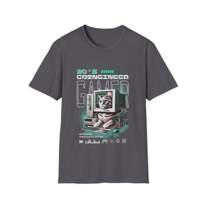 Gray t-shirt with a graphic of a cat on a computer screen and text '90s Catngineer Gamer' on a white background.