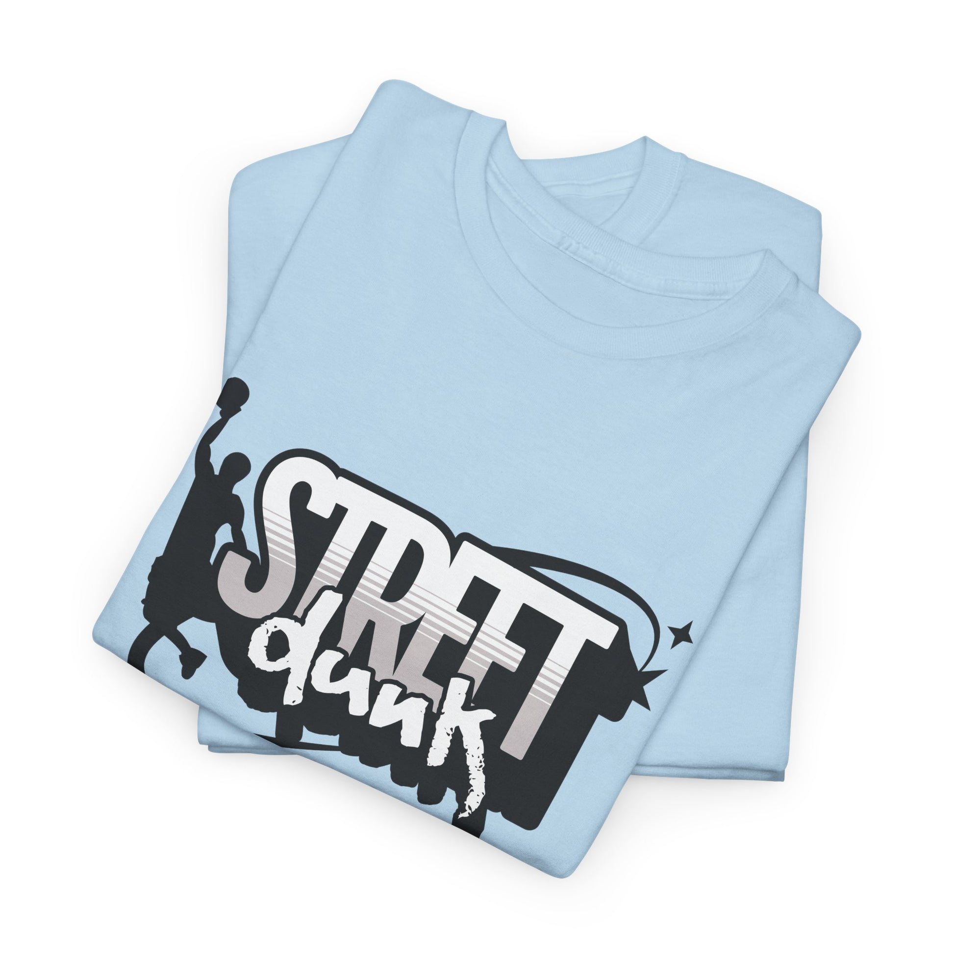 A folded light blue t-shirt with 'Street Dunk' text.