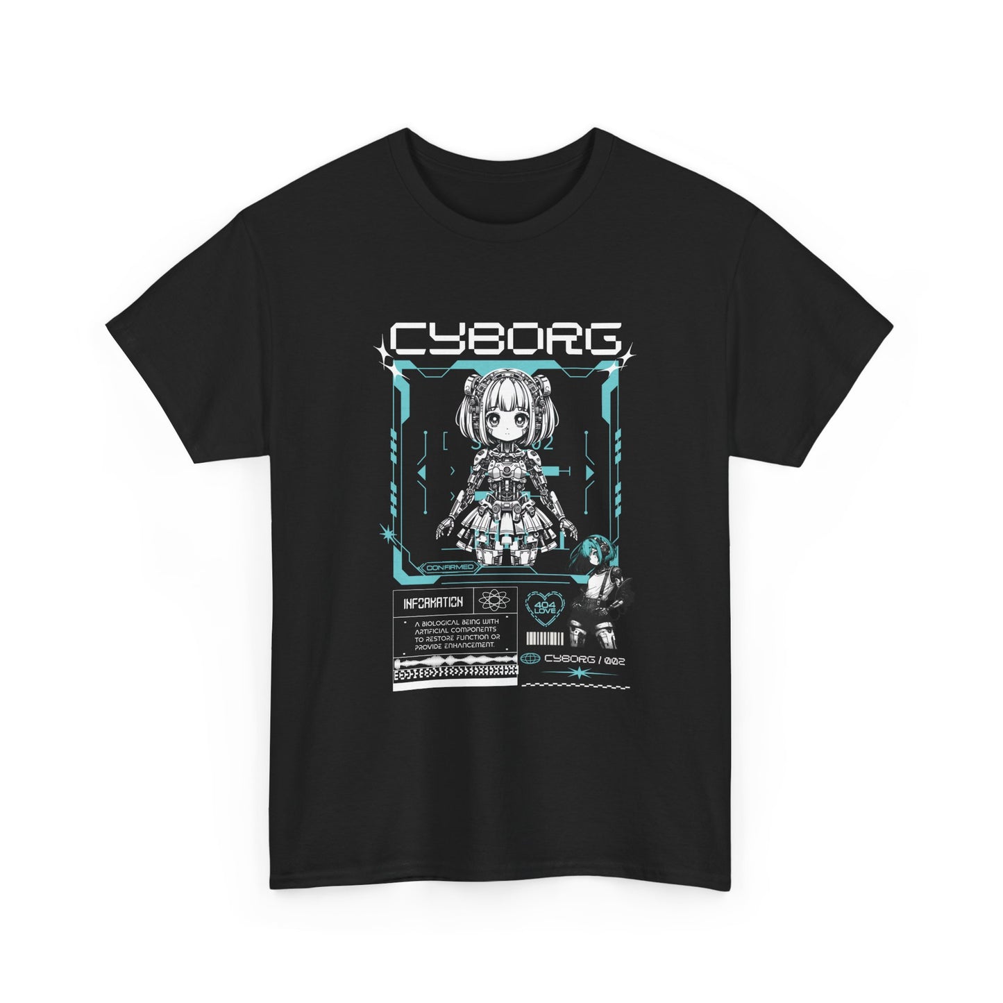 Black t-shirt with a 'Cyborg' graphic design featuring an anime character on a white background