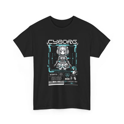 Black t-shirt with a 'Cyborg' graphic design featuring an anime character on a white background