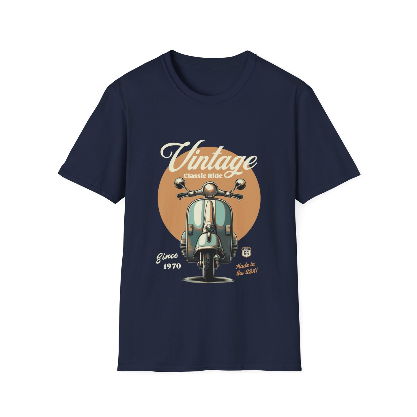 Navy blue t-shirt with vintage scooter graphic and text on a white background