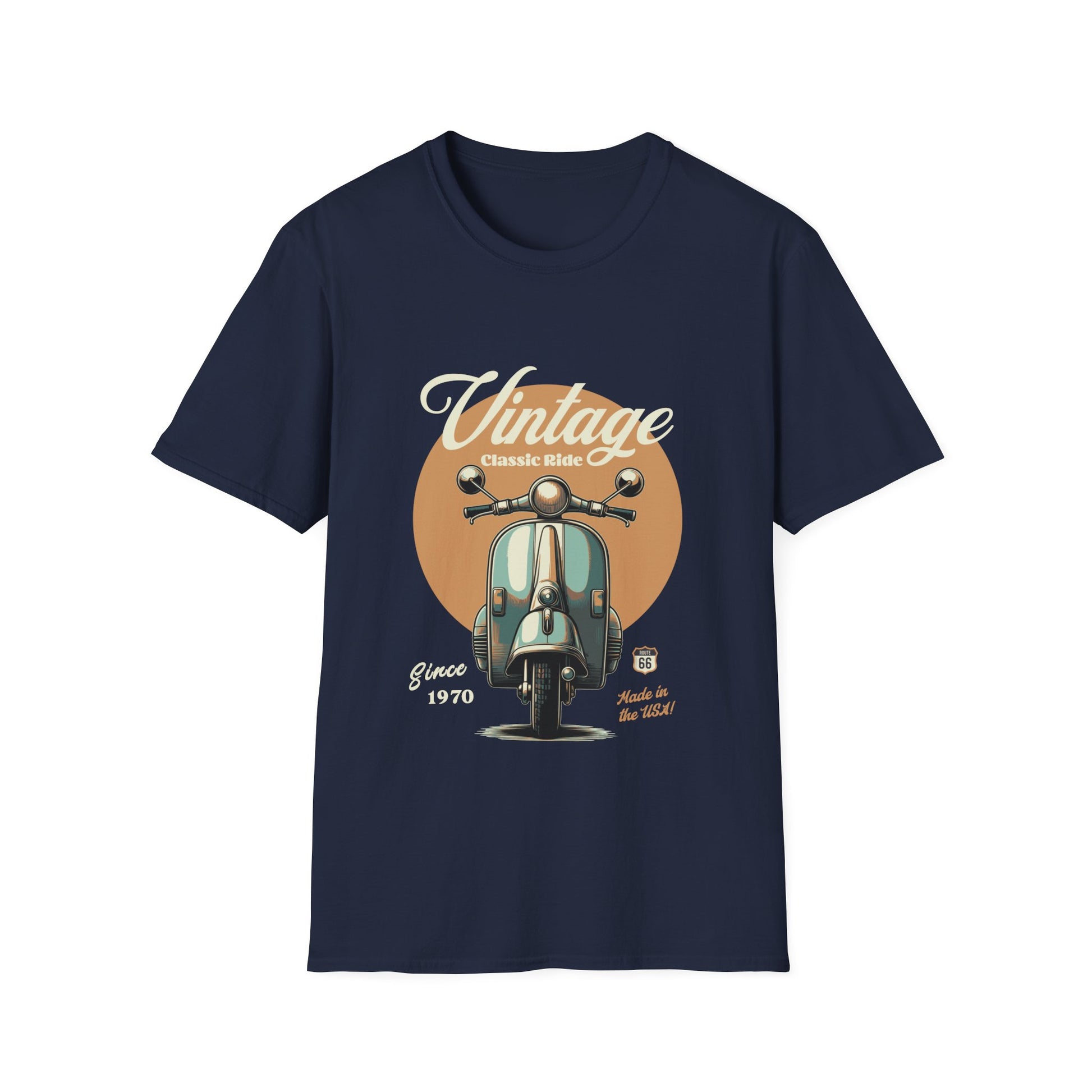 Navy blue t-shirt with vintage scooter graphic and text on a white background