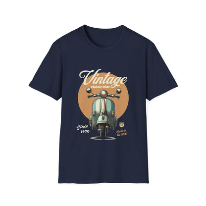 Navy blue t-shirt with vintage scooter graphic and text on a white background