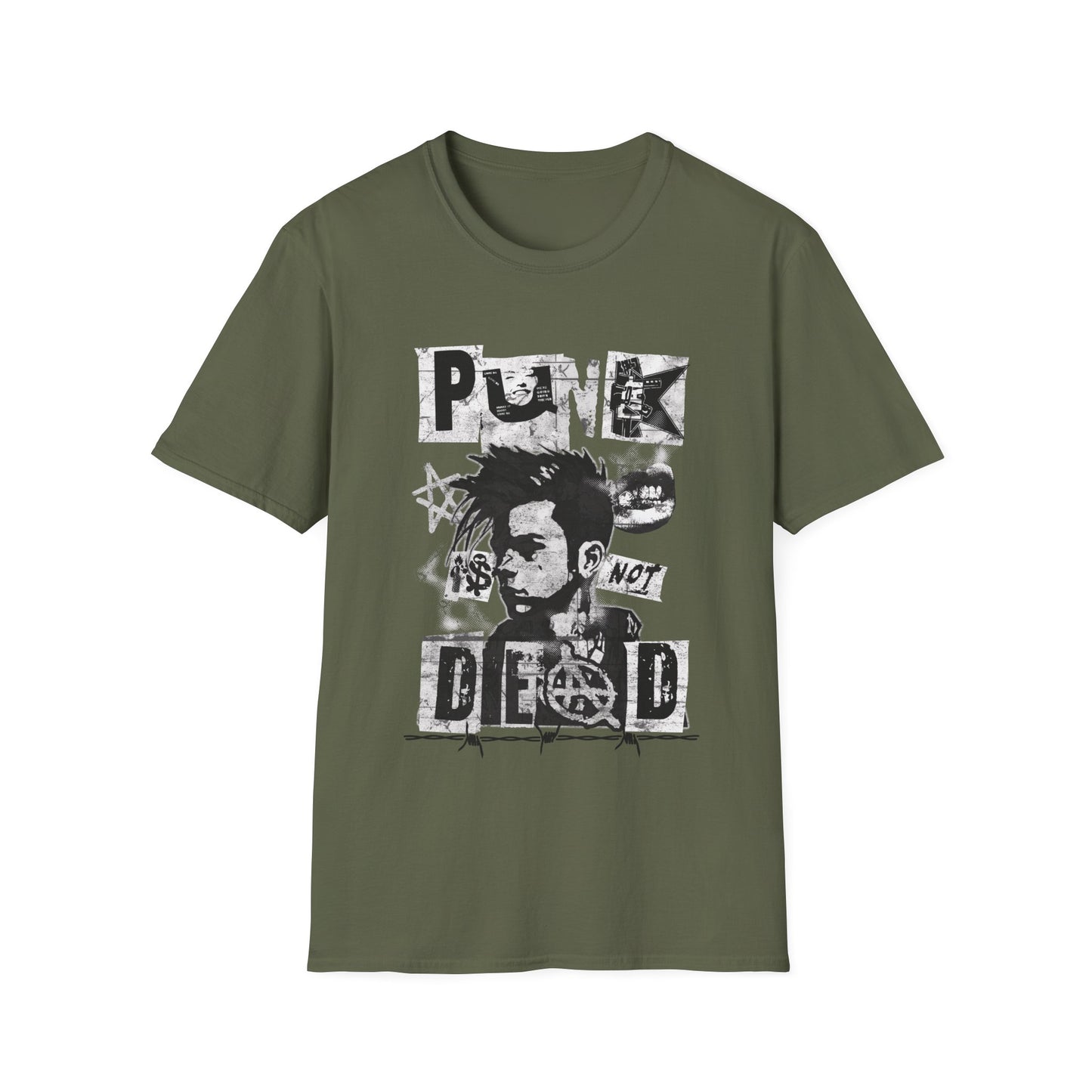 A military green streetwear t-shirt featuring a bold black ink collage graphic. The design includes a cropped portrait of a person with a mohawk, an anarchy symbol, jagged stars, and barbed wire accents. The phrase 'PUNK IS NOT DEAD' is spelled out in large, spiky, distressed block lettering across the design.
