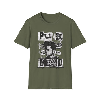 A military green streetwear t-shirt featuring a bold black ink collage graphic. The design includes a cropped portrait of a person with a mohawk, an anarchy symbol, jagged stars, and barbed wire accents. The phrase 'PUNK IS NOT DEAD' is spelled out in large, spiky, distressed block lettering across the design.
