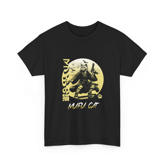 Black t-shirt with a gold graphic design featuring a cat in a martial arts pose on a white background.