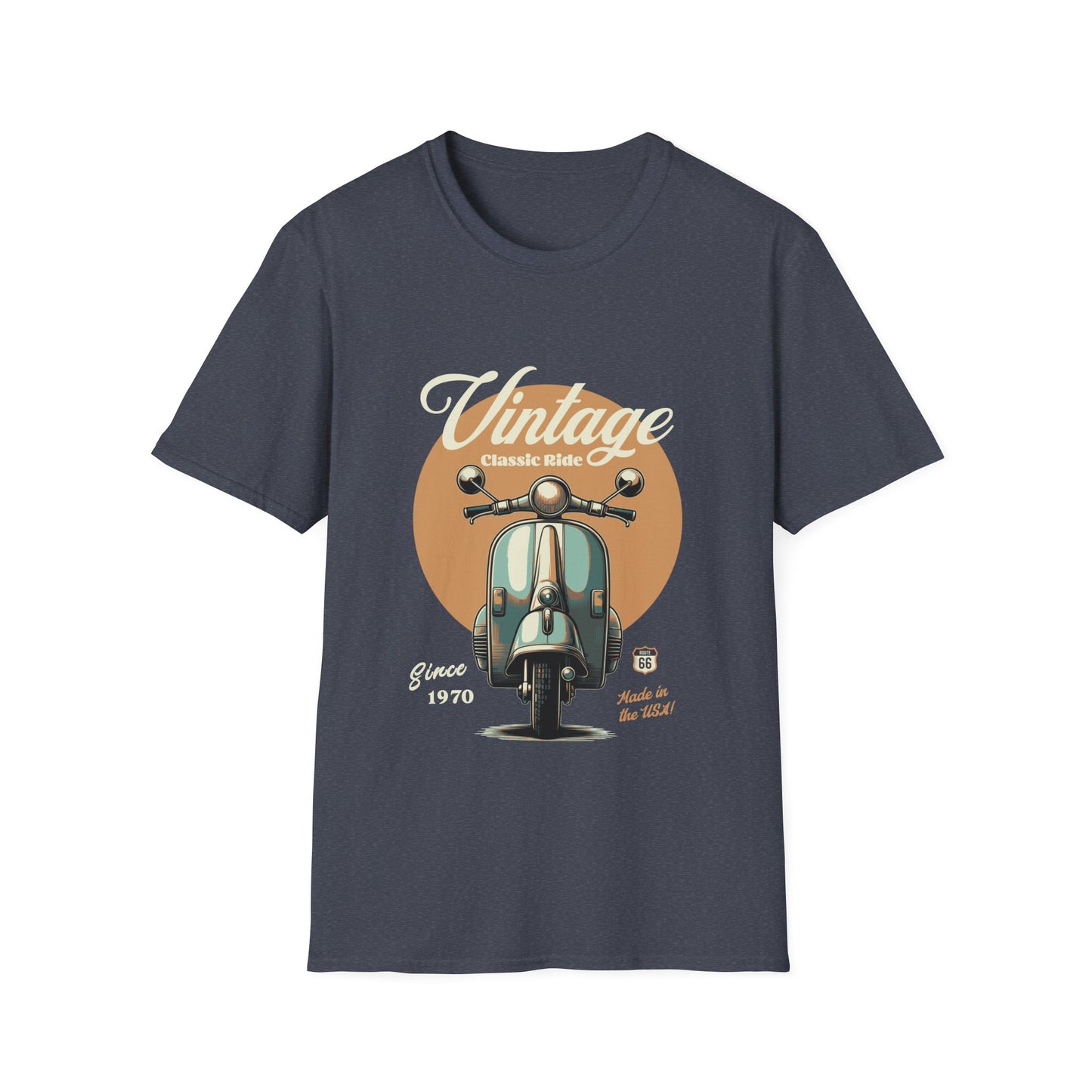 Heather Navy t-shirt with vintage scooter graphic and 'Vintage Classic Ride' text on a white background