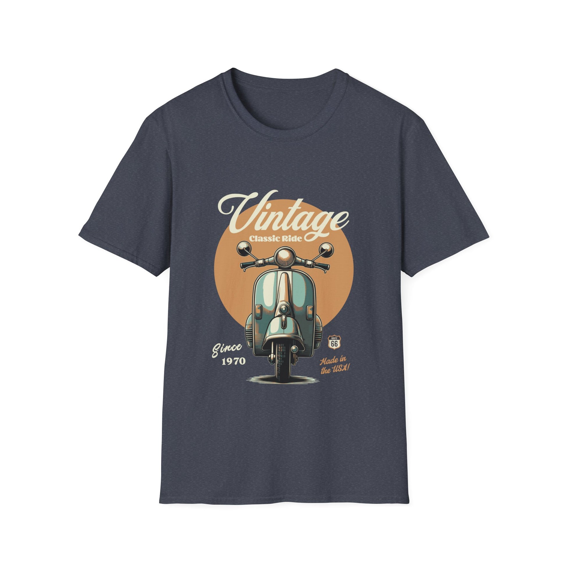 Heather Navy t-shirt with vintage scooter graphic and 'Vintage Classic Ride' text on a white background