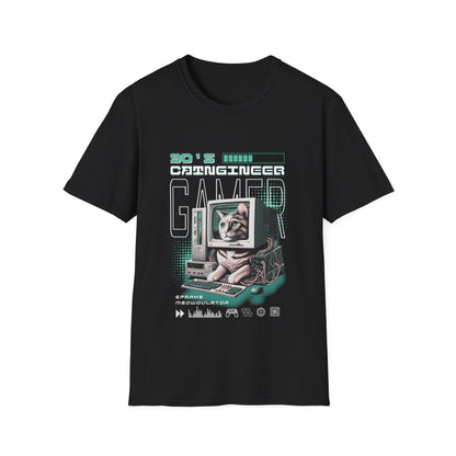 Black t-shirt with a graphic design of a cat on a computer screen, text '90's Cat Engineer Gamer', and various gaming icons.