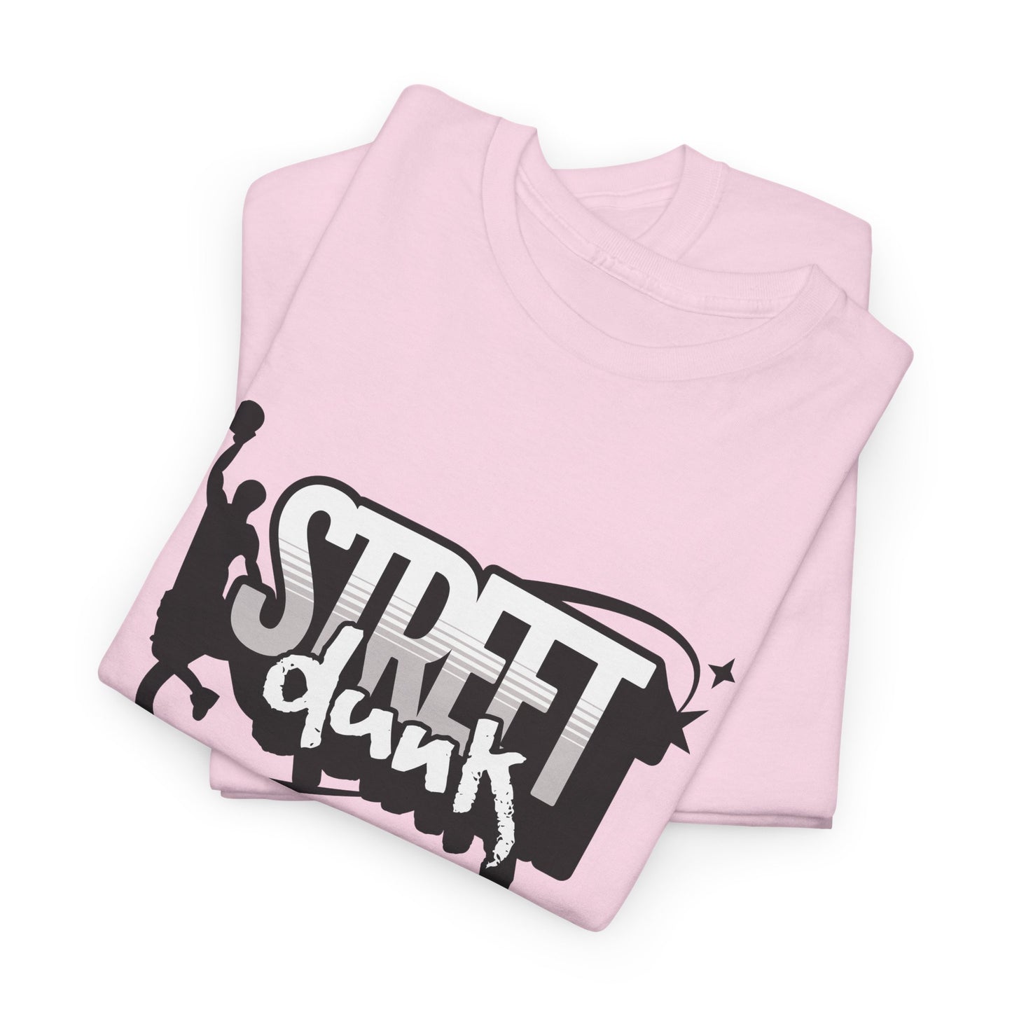 A folded light pink t-shirt with 'Street Dunk' text.