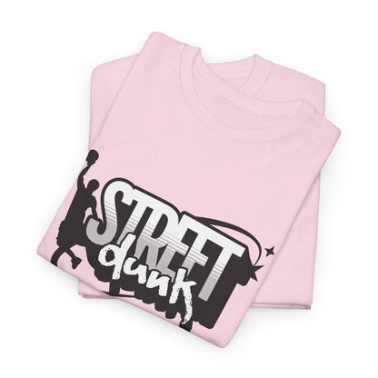 A folded light pink t-shirt with 'Street Dunk' text.