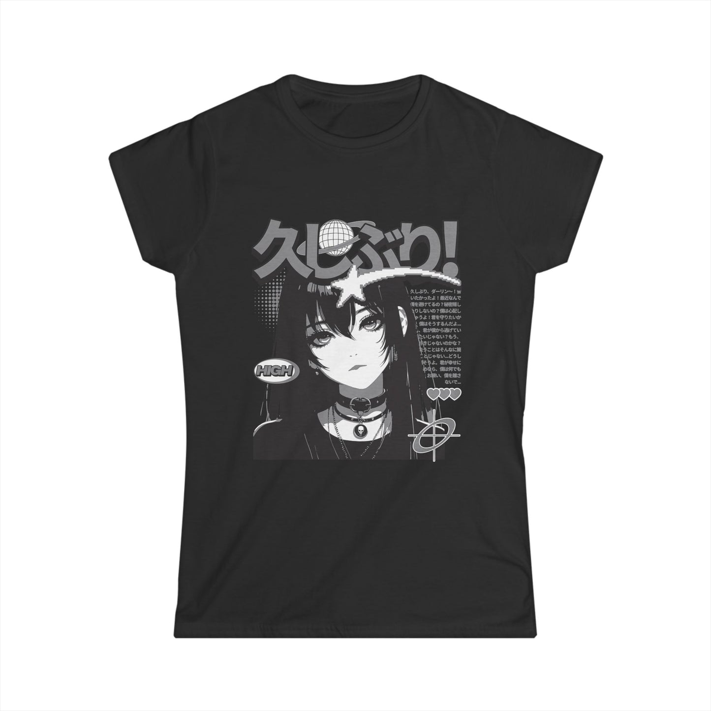 Black t-shirt with anime character and text on a white background