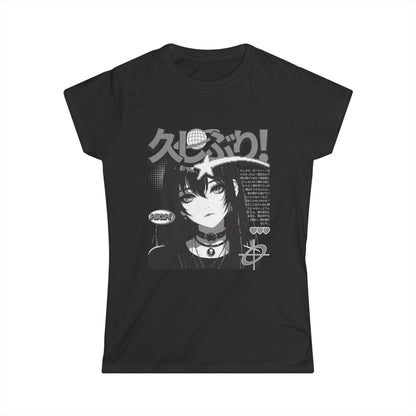 Black t-shirt with anime character and text on a white background