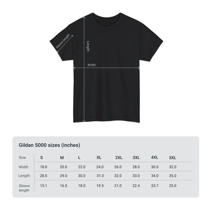 Black t-shirt with measurement lines and Gildan 5000 size chart on a white background