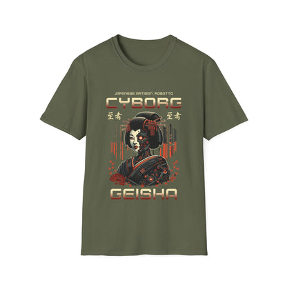 A military green t-shirt for men & women with a Japanese robot woman and text that reads  "Cyborg Geisha"