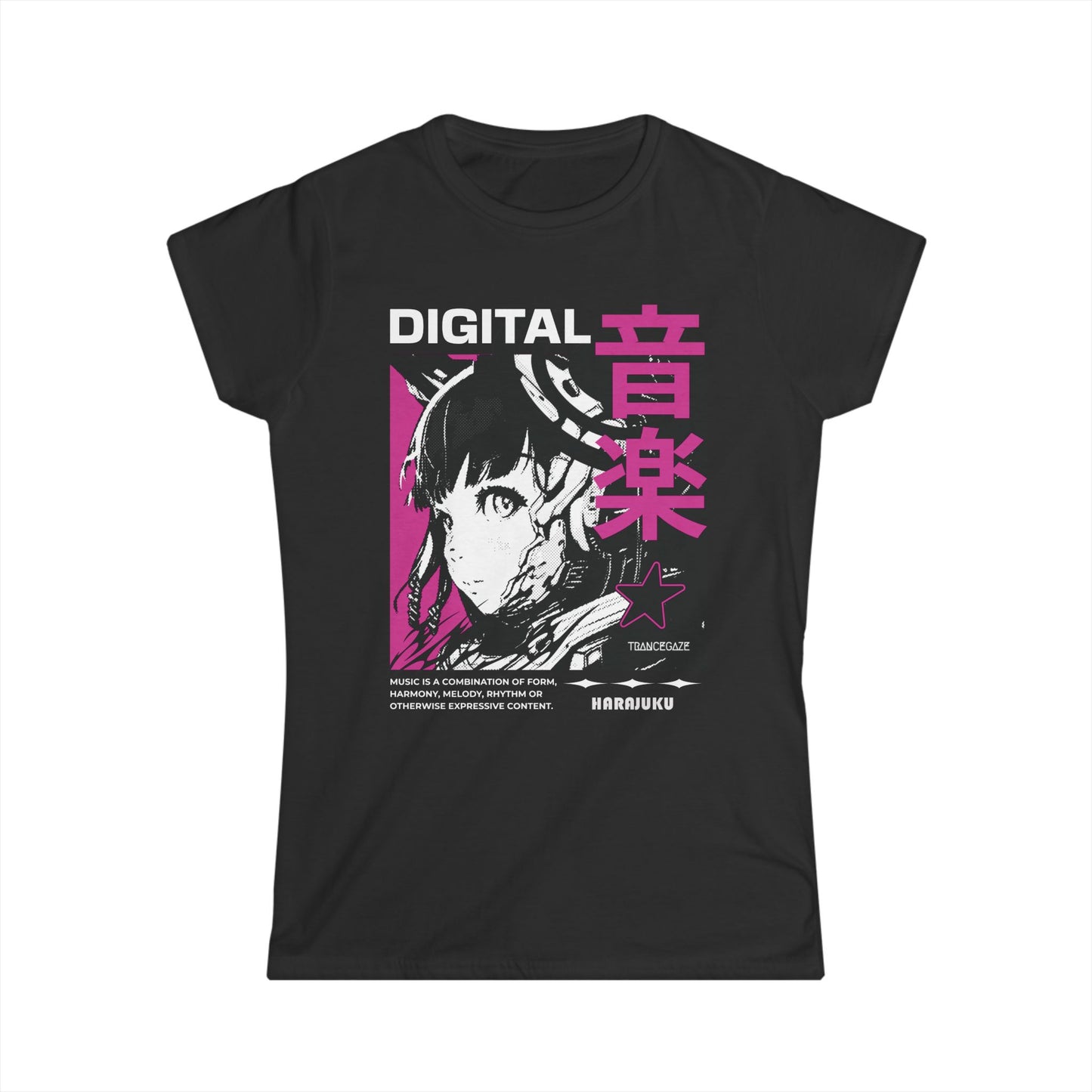 A black slim fit ladies  t-shirt with an anime image in fuchsia and black with text that reads "Digital" along with Japanese Katakana letters.