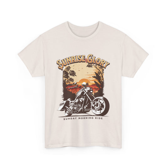 An ice grey t-shirt with a motorcycle graphic and 'Sunrise Glory' text. 