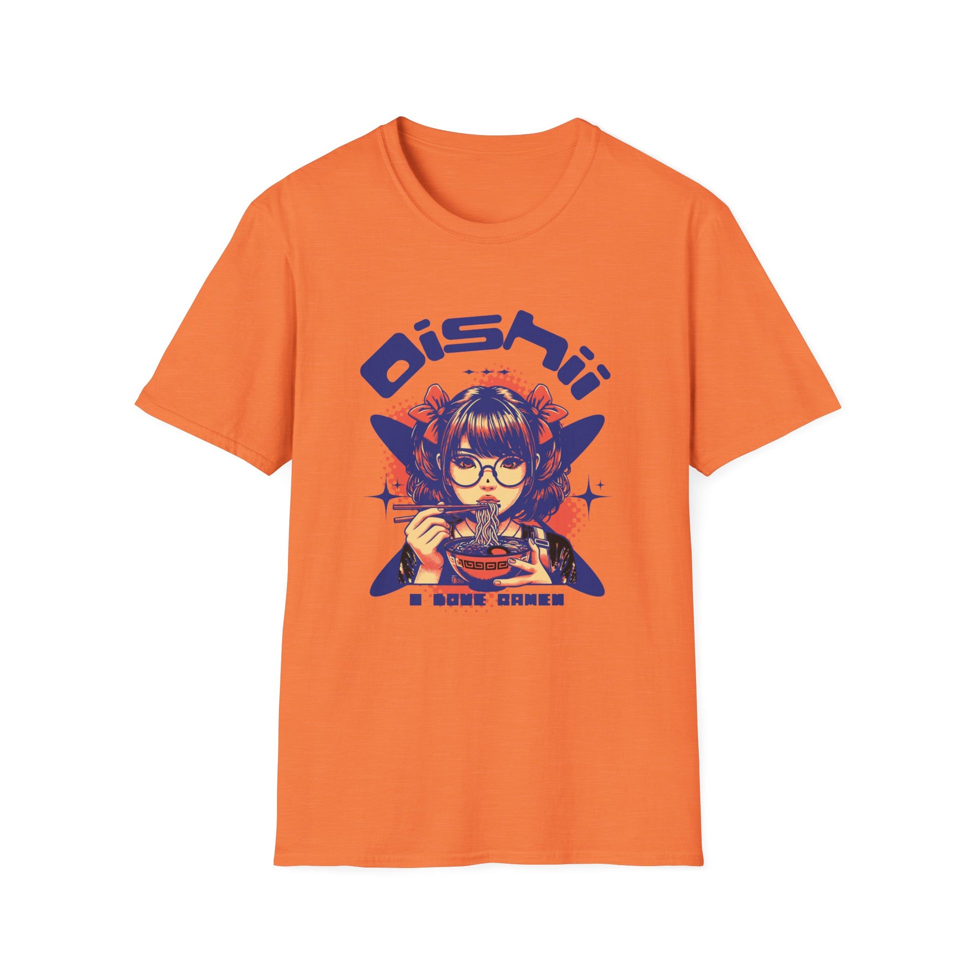 Orange t-shirt with a graphic design of a person eating and the word 'Oishii' on a white background