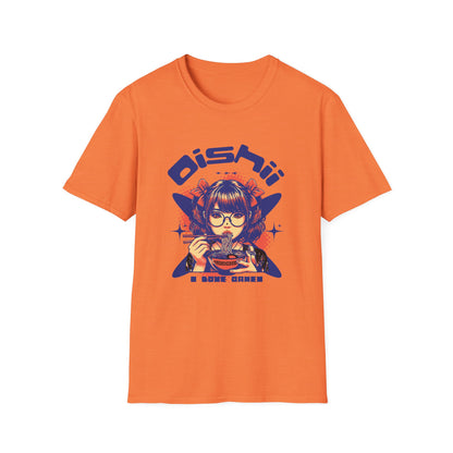 Orange t-shirt with a graphic design of a person eating and the word 'Oishii' on a white background