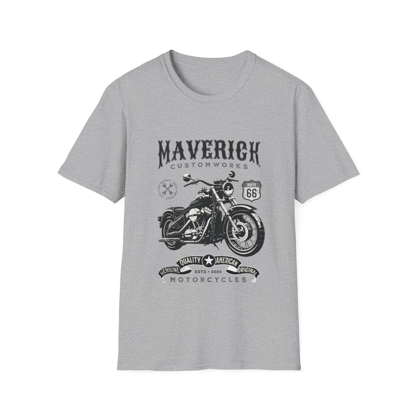 Gray t-shirt with motorcycle graphic and 'Maverick Customworks' text on a white background