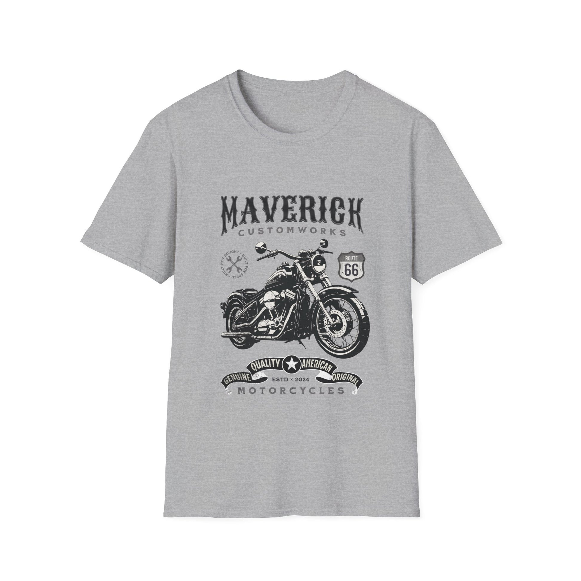Gray t-shirt with motorcycle graphic and 'Maverick Customworks' text on a white background