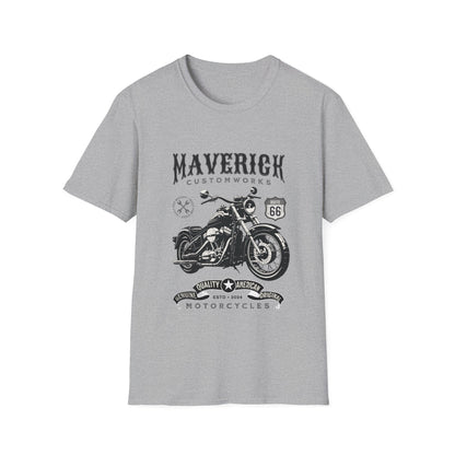 Gray t-shirt with motorcycle graphic and 'Maverick Customworks' text on a white background
