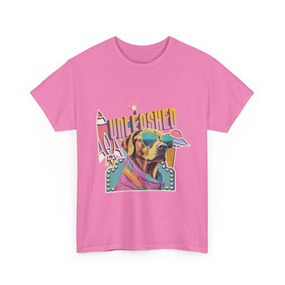 pink t-shirt with a colorful vintage spaceship graphic of a dog wearing sunglasses and text that reads 'Unleashed'.