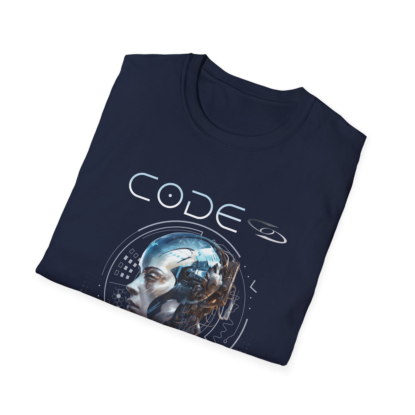 Folded navy blue t-shirt with 'CODE' design on a white background