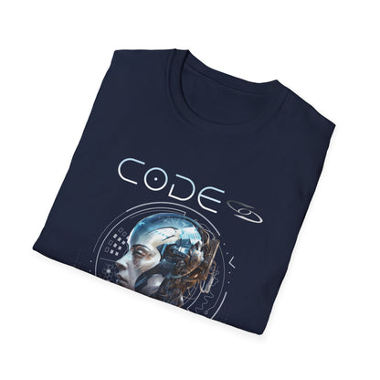 Folded navy blue t-shirt with 'CODE' design on a white background