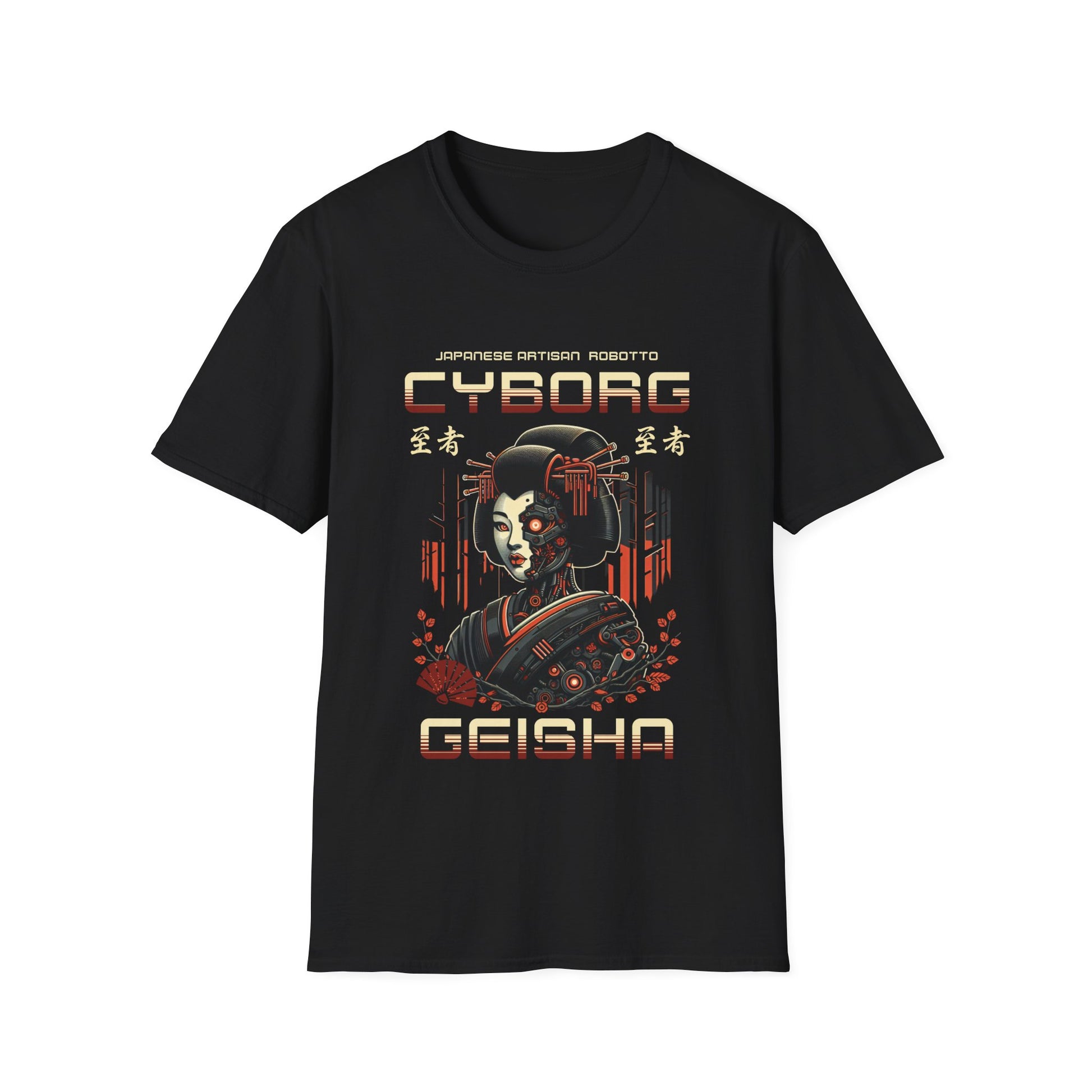 A black t-shirt for men & women with a Japanese robot woman and text that reads  "Cyborg Geisha"