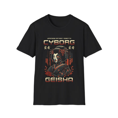 A black t-shirt for men & women with a Japanese robot woman and text that reads  "Cyborg Geisha"
