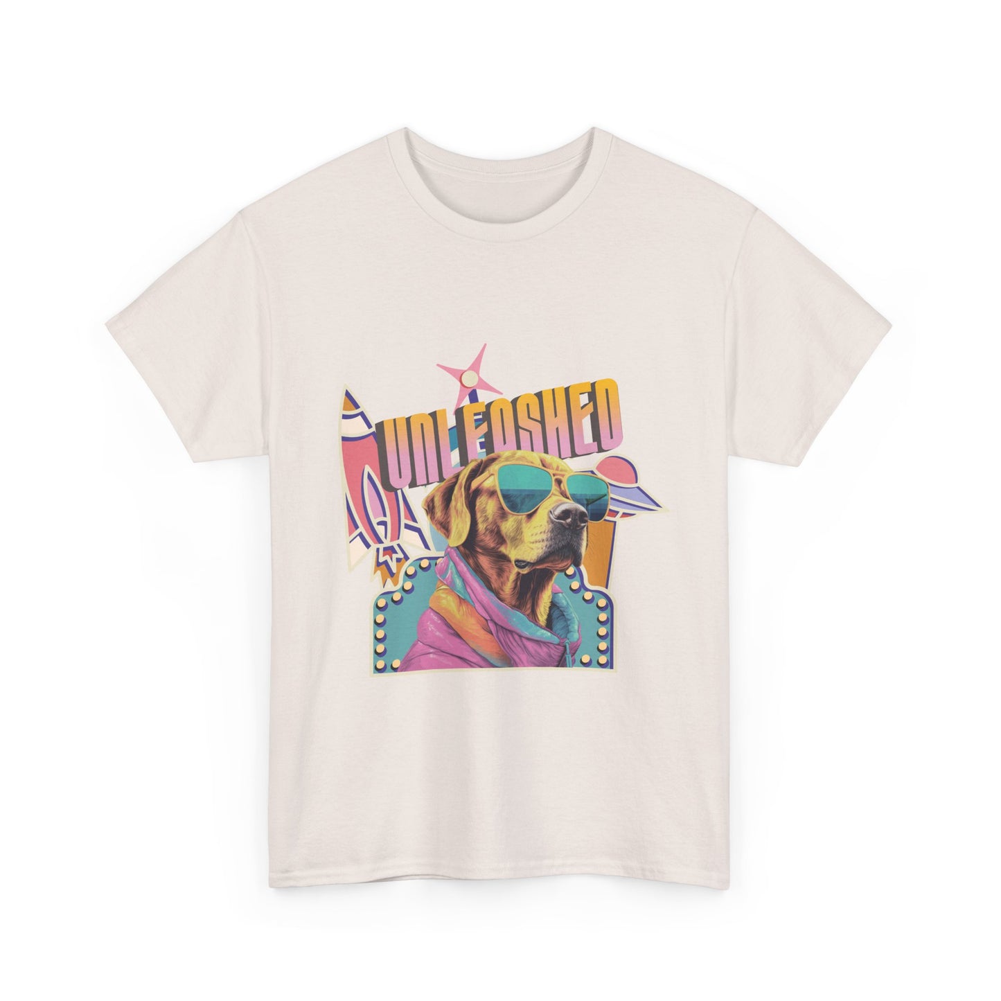 Ice Gray t-shirt with a colorful vintage spaceship graphic of a dog wearing sunglasses and text that reads 'Unleashed'.
