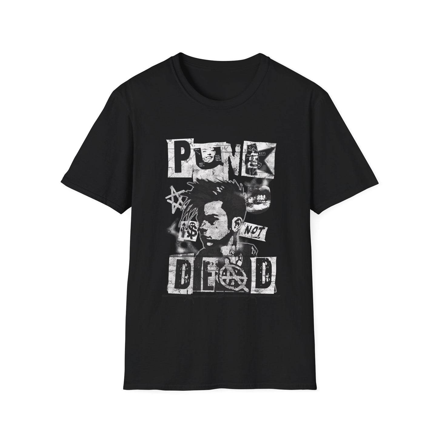 A black streetwear t-shirt featuring a bold black ink collage graphic. The design includes a cropped portrait of a person with a mohawk, an anarchy symbol, jagged stars, and barbed wire accents. The phrase 'PUNK IS NOT DEAD' is spelled out in large, spiky, distressed block lettering across the design."